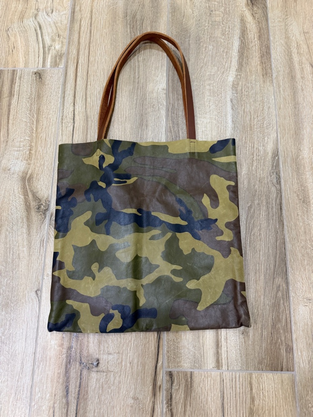 Camouflage Canvas Tote Bag with Brown Handles. All Leather.